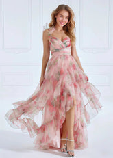 Alexandra | A Line Light Pink Floral High Low Formal Dress - Light Pink Floral - PromDressClub